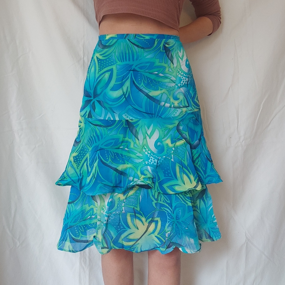Blue Green Tropical Abstract Knee Length Ruffled Skirt